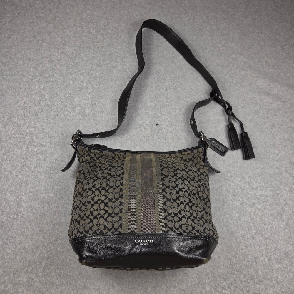 Coach Signature C Monogram Crossbody Bag Black Grey Canvas Leather Stripe Tassel